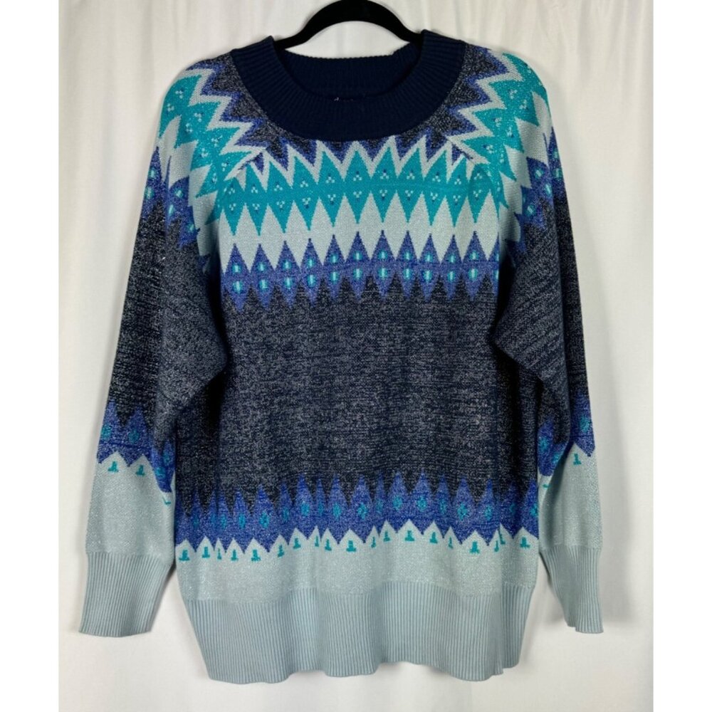 D&Co‎ Signature Blue Fair Isle Sweater Nordic Geometric Metallic Cotton Blend XL